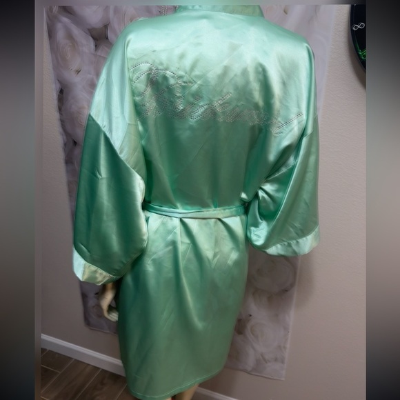 Mint Green Kimono Style Rhinestone BRIDESMAID Monogram Short Robe W Pockets M - Picture 5 of 16